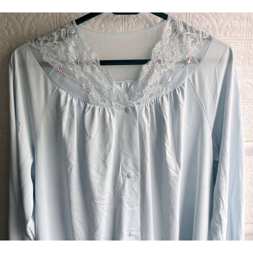 Vintage Shadowline Long Nightgown baby blue button front lace neck robe size M